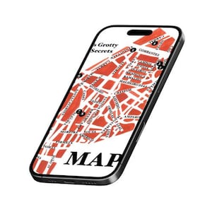 Puede incluir: Un teléfono inteligente negro que muestra un mapa digital con bloques de calles naranjas y etiquetas de texto negras que incluyen 's Grotty Secrets' y 'MAP'. La pantalla presenta marcadores circulares negros numerados sobre la cuadrícula.