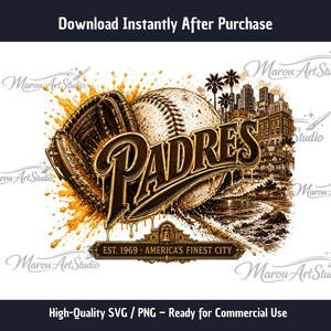Pode incluir: Um gráfico digital com uma bola de beisebol, uma luva e a palavra "Padres" em uma fonte estilizada. O design inclui uma paisagem urbana, palmeiras e o texto "EST. 1969 AMERICA'S FINEST CITY". A imagem é em tons de marrom e dourado.