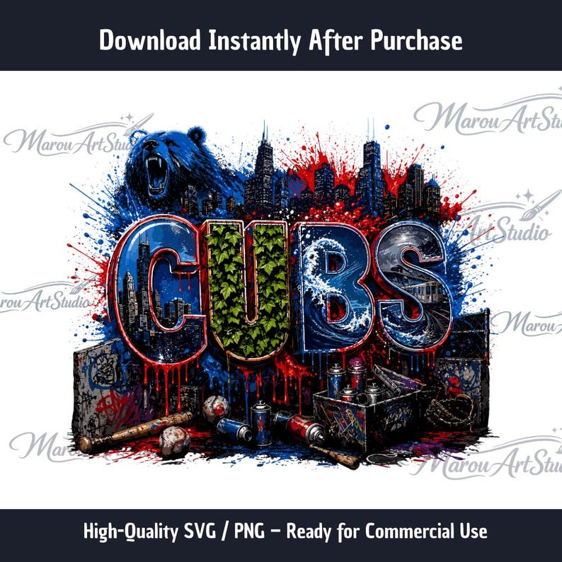 Cubs SVG PNG | Cubs Graffiti Bear Skyline Design | Drip Letters Street ...