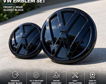 VW Gloss Black Front Rear Emblem Set for Passat Jetta Golf Arteon | Black Grille Badge Replacement | OEM Style 3G0 853 601