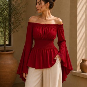 Renaissance Blouse, Medieval Pirate Top, Ren Faire Milkmaid Blouse, Fairycore Vampire Shirt, Trumpet Sleeve Cottagecore Top