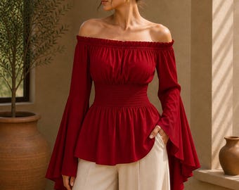 Renaissance Blouse, Medieval Pirate Top, Ren Faire Milkmaid Blouse, Fairycore Vampire Shirt, Trumpet Sleeve Cottagecore Top