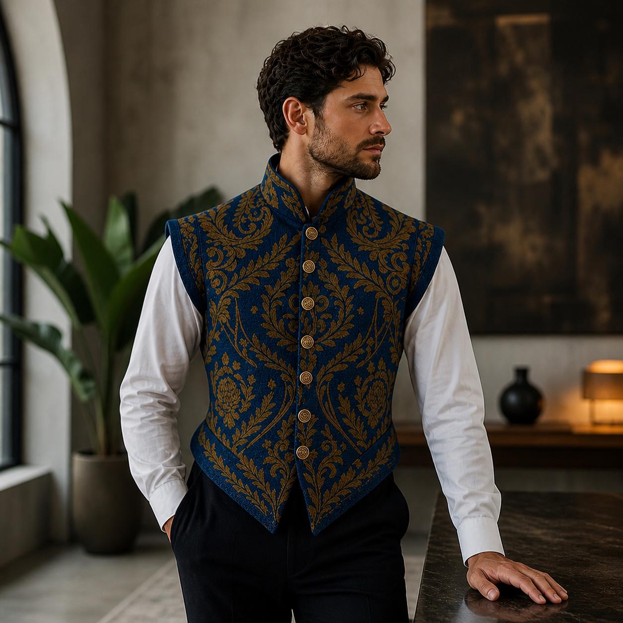 dress shirt semi formal baroque attire for men Mens Collared shirt with a button Men Baroque Print Short Sleeve