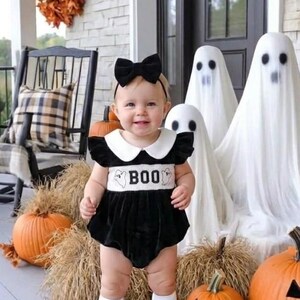 Macacão de Halloween, com detalhes franzidos de "Boo" e "Fantasma" em veludo preto, roupa infantil para meninas, macacão bordado de herança, Dia de Ação de Graças, roupa de outono