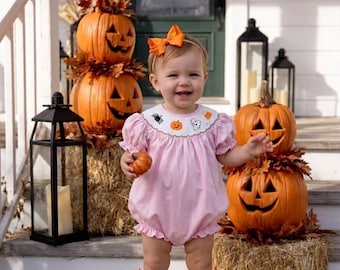 Halloween Romper,Smocked Pumpkin Bubble in Yellow,Toddler Girls Clothing,Heirloom Embroidered Romper, Thanksgiving, Fall Outfit, Fall Romper