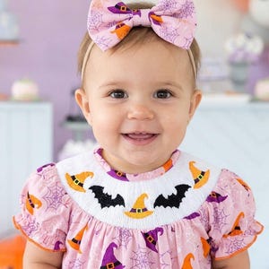 Pumpkin Witch Hat Bubble Romper, Quilted Spiderweb , Halloween Baby Party Outfit, First Halloween
