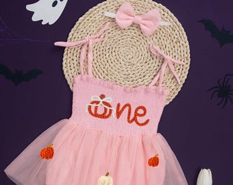 Grenouillère « Une citrouille » pour premier anniversaire, grenouillère personnalisée pour séance photo « Smash the Cake », grenouillère en mousseline et tulle brodée pour bébé, tenue d'Halloween