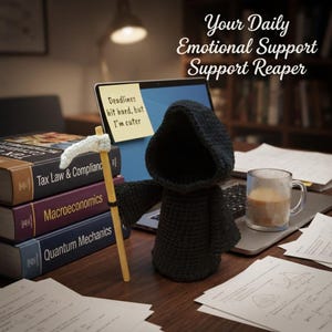 May include: A black crocheted grim reaper figure with a hood, holding a small white and tan scythe. A yellow sticky note on a laptop screen reads, "Deadlines hit hard, but I'm cuter." Text above reads, "Your Daily Emotional Support Support Reaper."