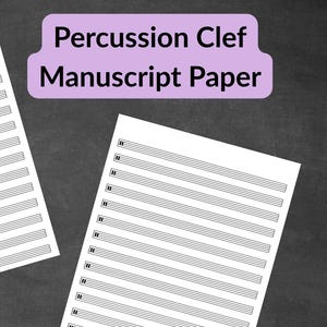 May include: Two sheets of white manuscript paper featuring black horizontal staff lines and percussion clef symbols at the start of each line. A purple rectangular label with rounded corners displays the text Percussion Clef Manuscript Paper.
