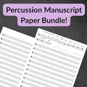 May include: Three sheets of white percussion manuscript paper with black staff lines. One sheet features a percussion legend at the top with labels for hi-hat, ride, crash, bass, floor tom, and snare. The text Percussion Manuscript Paper Bundle! appears in a purple box.