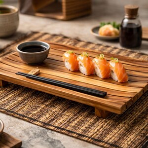 Pode incluir: Uma bandeja de madeira para servir sushi com quatro peças de sushi nigiri de salmão, pauzinhos pretos e uma pequena tigela de molho de soja. O sushi é disposto em uma bandeja de madeira com uma superfície texturizada. Outros condimentos de sushi ao fundo.