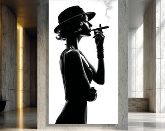 Elegant Woman Silhouette, Vintage Glamour Canvas, Black and White Wall Art, Fashion Portrait Canvas, Retro Style Home Decor