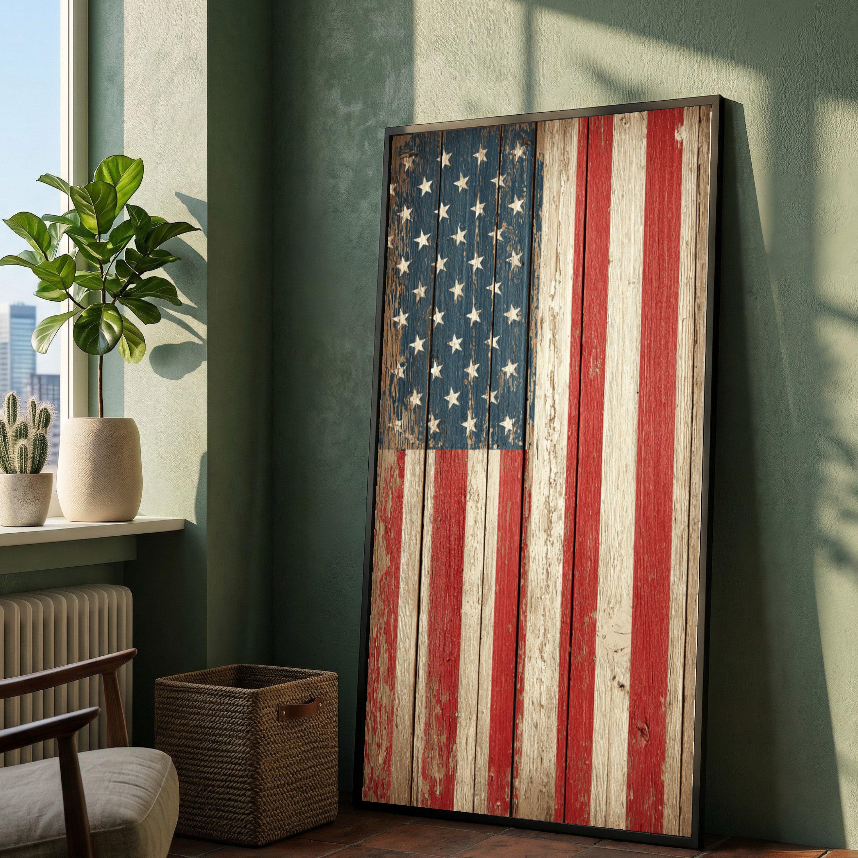 Rustic American Flag Canvas Wall Art, Vintage USA Patriotic Canvas ...