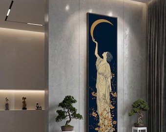 Femme élégante atteignant un croissant de lune, toile branche florale, art mural éthéré, scène de nuit mystique, toile de décoration intérieure