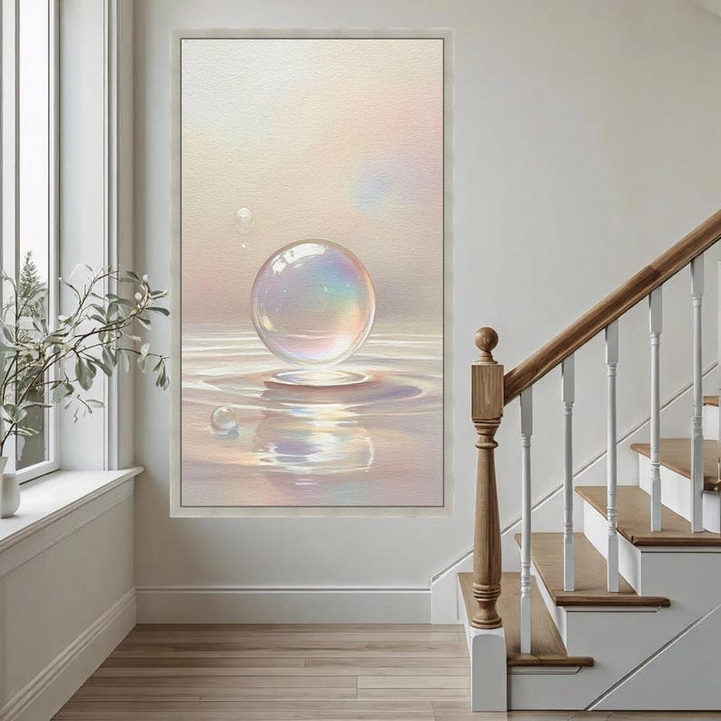 Iridescent Bubble Floating Canvas, Soft Pastel Wall Art, Serene Water Reflection, Minimalist Home Decoration, Modern Abstract Canvas image 6