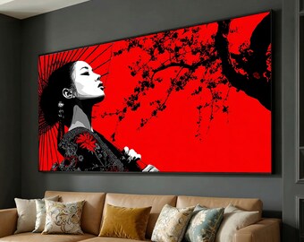 Femme asiatique élégante avec toile parasol, oeuvre d'art murale rouge et noire, kimono floral, décoration d'intérieur de style japonais, impression sur toile moderne