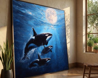 Majestic Orcas Under Moonlight, Ocean Canvas Wall Art, Marine Life Canvas, Deep Sea Nature Scene, Whale Family Canvas Home Decor