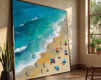 Vibrant Beach Scene Canvas, Ocean Waves Wall Art, Colorful Umbrellas Canvas, Summer Shoreline Decoration, Coastal Canvas Wall Art