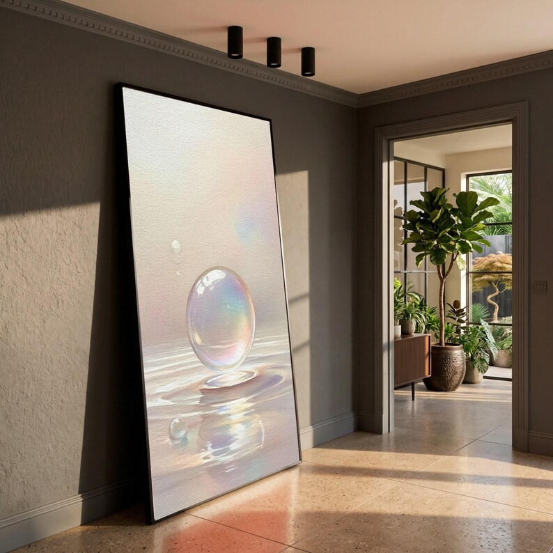 Iridescent Bubble Floating Canvas, Soft Pastel Wall Art, Serene Water Reflection, Minimalist Home Decoration, Modern Abstract Canvas image 7