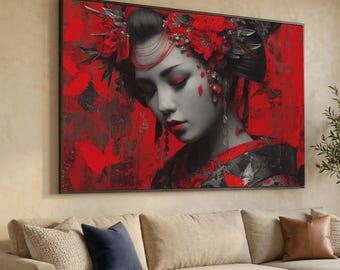 Toile élégante pour portrait de geisha, casque floral rouge, oeuvre d'art murale de femme asiatique, toile au contraste spectaculaire, décoration d'intérieur ethnique moderne