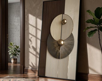 Modern Geometric Circles Canvas, Abstract Metal Sphere Wall Art, Gold and Black Home Décor, Vertical Stripes Canvas, Contemporary Wall