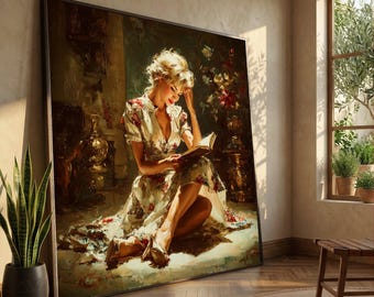 Elegant Woman Reading Book Canvas, Vintage Floral Dress Art, Classic Interior Scene, Warm Light Wall Decor, Timeless Canvas Wall Art