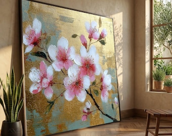 Cherry Blossom Canvas Wall Art, Pink Floral Branch Canvas, Elegant Flower Wall Decor, Nature Botanical Canvas, Ready to Hang Home Decoration