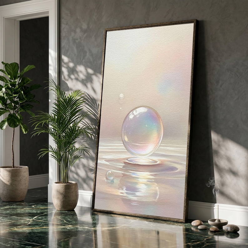 Iridescent Bubble Floating Canvas, Soft Pastel Wall Art, Serene Water Reflection, Minimalist Home Decoration, Modern Abstract Canvas image 5