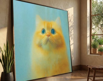 Adorable Orange Cat Portrait Canvas, Blue Background Wall Art, Cute Animal Decor, Whiskered Kitty Canvas, Home Accent Decoration