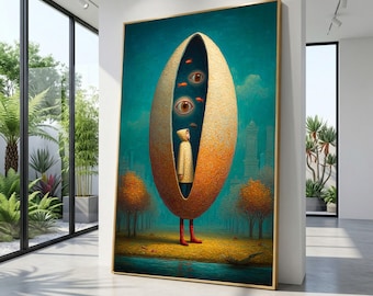 Toile enfant surréaliste géante, oeuvre d'art murale onirique fantastique, toile paysage urbain fantaisiste, décoration de maison imaginative