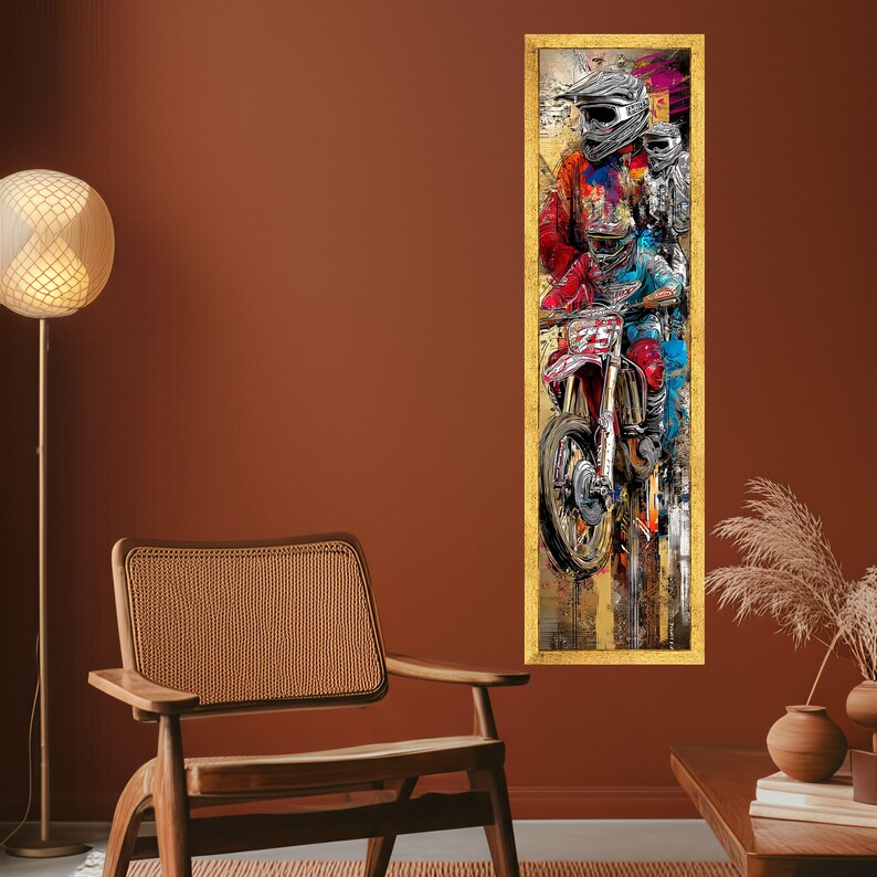 Lienzo largo y estrecho con acción emocionante de motocross, arte mural de motocross extremo, decoración de aventura deportiva, lienzo de escena de carreras dinámicas, R imagen 5