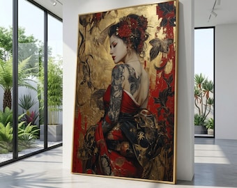 Geisha élégante avec tatouages de papillons, Art japonais rouge et or, décoration murale kimono traditionnelle, toile de style asiatique, décoration de la maison
