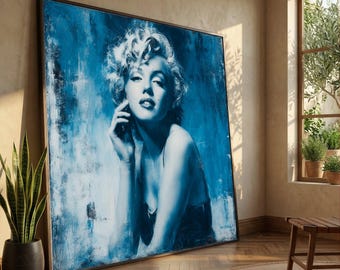 Marilyn Monroe, toile portrait de femme glamour rétro, art mural monochrome bleu, décoration d'intérieur de style vintage, impression sur toile beauté classique