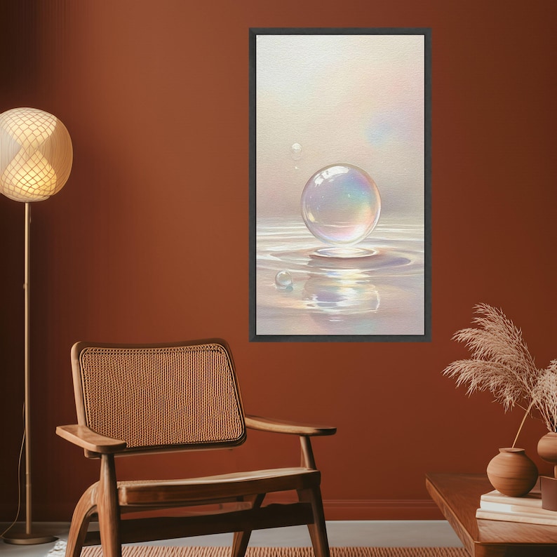 Iridescent Bubble Floating Canvas, Soft Pastel Wall Art, Serene Water Reflection, Minimalist Home Decoration, Modern Abstract Canvas image 9