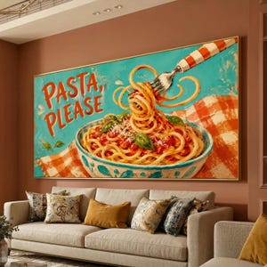 Vintage Pasta Please Canvas Wall Art, Italian Food Decor, Kitchen Wall Decoration, Spaghetti and Basil Artwork, Rustic Culinary Canvas