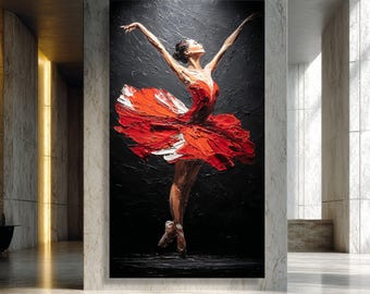 Elegant Ballerina Dance Canvas, Red Tutu Ballet Dancer Wall Art, Contemporary Ballet Silhouette Canvas, Graceful Dance Home Decor
