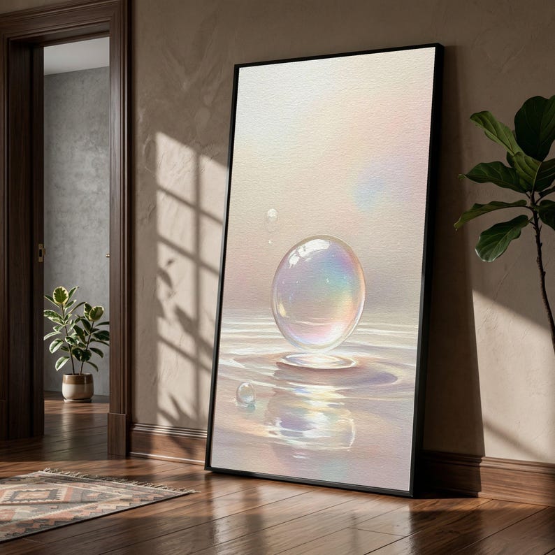 Iridescent Bubble Floating Canvas, Soft Pastel Wall Art, Serene Water Reflection, Minimalist Home Decoration, Modern Abstract Canvas image 1