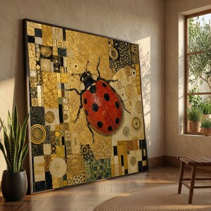 Vibrant Ladybug Canvas Wall Art, Geometric Abstract Background, Insect Home Decor, Modern Nature Canvas, Ready to Hang Artwork