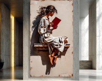 Woman Reading Red Book Canvas, Serene Girl Portrait Wall Art, Cozy Home Decor, Literary Theme Canvas, Quiet Moment Illustration