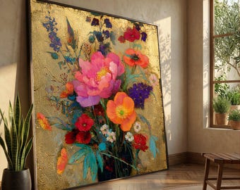 Golden Floral Bouquet Canvas Wall Art, Colorful Garden Flowers Canvas, Elegant Nature Blossom Decoration, Vibrant Home Wall Hanging