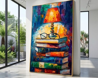 Cozy Reading Corner Canvas, Vintage Books and Lamp Wall Art, Study Room Decoration, Colorful Home Library Canvas, Literary Theme Artwork