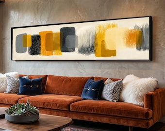 Lienzo abstracto moderno, largo y estrecho, con formas geométricas de pinceladas, ideal para la decoración del hogar en tonos amarillos, negros y grises. Lienzo contemporáneo para sala de estar.