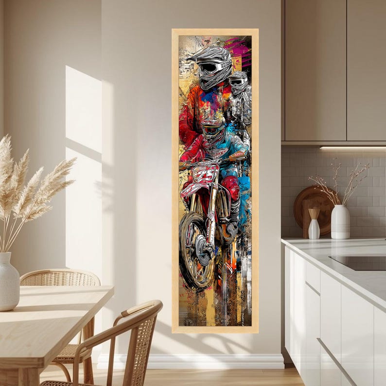 Lienzo largo y estrecho con acción emocionante de motocross, arte mural de motocross extremo, decoración de aventura deportiva, lienzo de escena de carreras dinámicas, R imagen 4