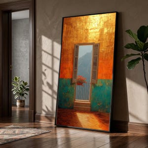 Rustic Open Window Canvas, Flower Pot Balcony View, Warm Orange and Teal Wall Art, Serene Landscape Canvas, Home Decor Accent