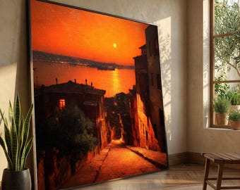 Sunset Over Harbor Street, Warm Orange Glow Canvas, Cityscape Evening View, Vibrant Urban Wall Art, Tranquil Waterfront Scene Canvas