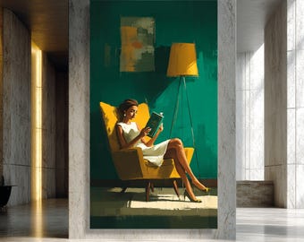 Elegant Woman Reading Canvas, Cozy Yellow Armchair Art, Mid Century Modern Wall Decor, Relaxing Home Scene, Stylish Living Room Canvas