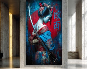 Décoration murale sur toile élégante femme samouraï, portrait de guerrier japonais, décoration de kimono traditionnel, illustration d'épée pour la maison, culture asiatique