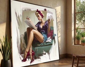 Retro Pin-Up Woman Sketching Canvas, Vintage Style Wall Art, Glamorous Fashion Illustration, Chic Home Decor Canvas, Artistic Figure Design
