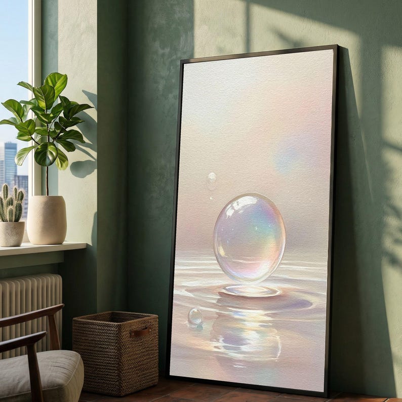 Iridescent Bubble Floating Canvas, Soft Pastel Wall Art, Serene Water Reflection, Minimalist Home Decoration, Modern Abstract Canvas image 2