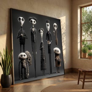 May include: A framed artwork featuring a group of stylized, elongated figures with oval-shaped heads and dark eyes. The figures are dressed in various black and gray outfits, some holding objects. The artwork is displayed against a neutral gray background.